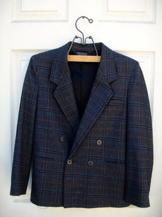 VINTAGE grey black plaid double breasted suit for