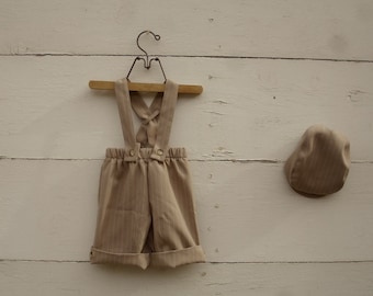 baby boy pinstripe tan 6-9months overalls and hat, pinstripe overalls, tan overalls, boys overalls,  overalls short or knickers length