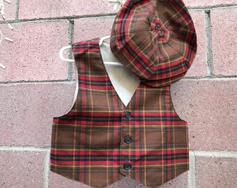 Fall Flannel outfit set-plaid VEST and HAT, Boy Vest and Hat, Ringbearer outfit,