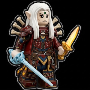 May include: A plastic minifigure character with long white hair, pointed ears, and a green forehead gem. The figure wears red and blue armor with bone-like protrusions on the back, holding a translucent blue sword and a glowing yellow sword.
