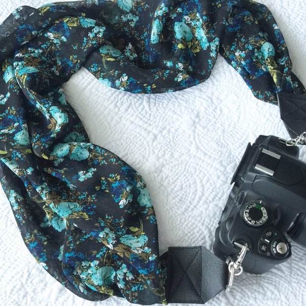 Scarf Camera Strap - camera strap for dSLR digital cameras - blue and green floral (photographer gift)