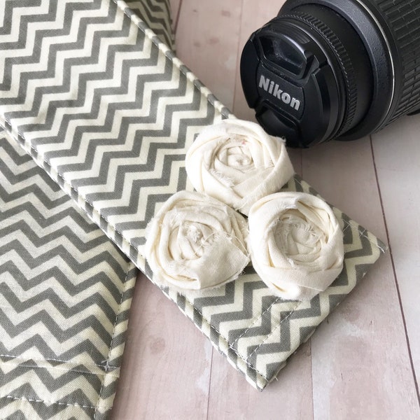 Camera Strap Cover - shabby chic gray and cream chevron