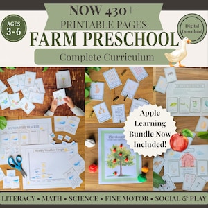 May include: A digital download of a farm preschool curriculum featuring over 430 printable pages. The set includes literacy, math, science, fine motor, and social play activities, with weather trackers, life cycle mats, and an apple learning bundle.