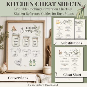May include: A set of printable kitchen cheat sheets featuring conversion charts, substitution guides, and cooking reference tables. The documents display illustrations of mason jars, measuring cups, and a chicken, with text including Kitchen Conversions, Kitchen Substitutions, and Kitchen Cheat Sheet.