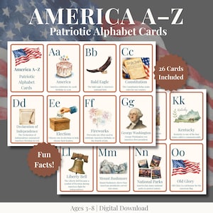 May include: A set of America A-Z patriotic alphabet cards featuring illustrations and text for each letter, including a bald eagle, the Constitution, George Washington, the Liberty Bell, and Mount Rushmore. The cards include 26 total cards.