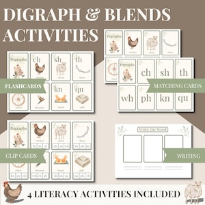 May include: Educational literacy activities set featuring flashcards, matching cards, clip cards, and writing exercises. The cards display digraphs and blends with illustrations of a chicken, sheep, and other objects. The text "DIGRAPH & BLENDS ACTIVITIES" is at the top.