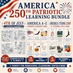 May include: An America 250th Patriotic Learning Bundle featuring 28cm x 43cm activity placemats, 26 alphabet cards, and 31 fact cards. The educational set includes illustrations of the American flag, bald eagles, fireworks, and historical landmarks.