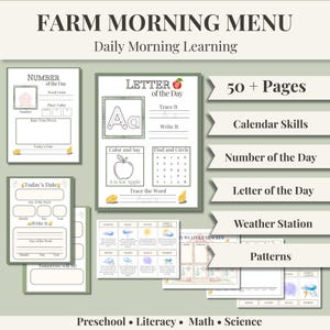 May include: A 50-page Farm Morning Menu educational set featuring daily learning worksheets for preschool literacy, math, and science. Includes Number of the Day, Letter of the Day with apple graphics, Today's Date, weather trackers, and patterns.
