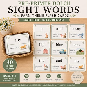 May include: A set of Pre-Primer Dolch sight words farm theme flash cards. The cards feature words like a, and, away, big, blue, come, the, my, with watercolour illustrations of farm animals and objects. A wicker basket holds a stack of cards.