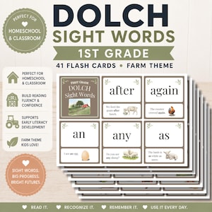Puede incluir: Un juego de 41 tarjetas didácticas de palabras Dolch para primer grado con temática de granja. Cada tarjeta muestra una palabra, una oración y una ilustración relacionada con la granja. Las tarjetas son blancas con bordes y texto en color marrón.
