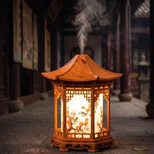 Może przedstawiać: Drewniany dyfuzor do aromaterapii w kształcie pagody. Jasnobrązowa konstrukcja ma wielopoziomowy dach i skomplikowane wycięcia. Wnętrze zdobi wzór kwiatowy i ptasi, z parą unoszącą się z góry. Dyfuzor umieszczono na kamiennej powierzchni.