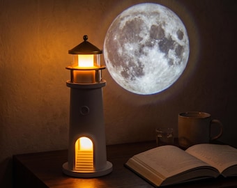 Lighthouse Moon Projector Lamp, Coastal Ambient Night Light, Bluetooth Speaker, Remote Control