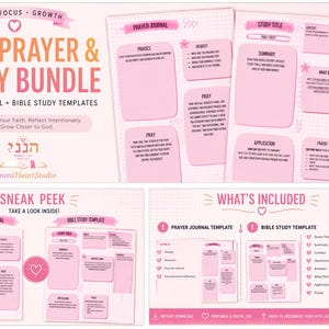 Puede incluir: Paquete Rosa de Oración y Estudio con plantillas para diarios de oración y estudio bíblico. El diseño incluye el texto "Fe, Enfoque, Crecimiento" y "Profundiza tu Fe, Reflexiona Intencionalmente, Acércate a Dios."