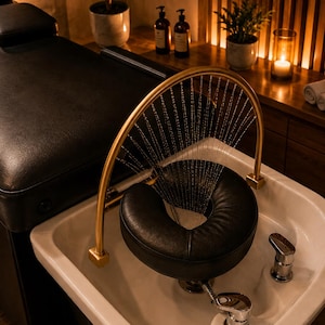 Può includere: Un lavatesta in ceramica bianca con un cuscino circolare nero per il collo e un soffione dorato ad arco che spruzza acqua a ventaglio. L'unità è fissata a una poltrona da parrucchiere in pelle nera in un ambiente spa.