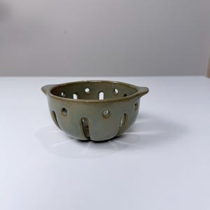 Handmade Pottery Berry Bowl Sage Green Ceramic Colander Rustic Farmhouse Kitchen Decor Fruit Rinse Bowl