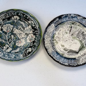 Loretta Auvil Studio Pottery Plates – Hand-Painted Folk Art Botanical Pair