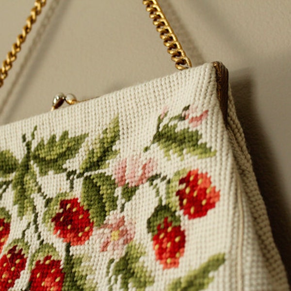 Vintage Woven Tapestry Strawberries Purse Gold Chain