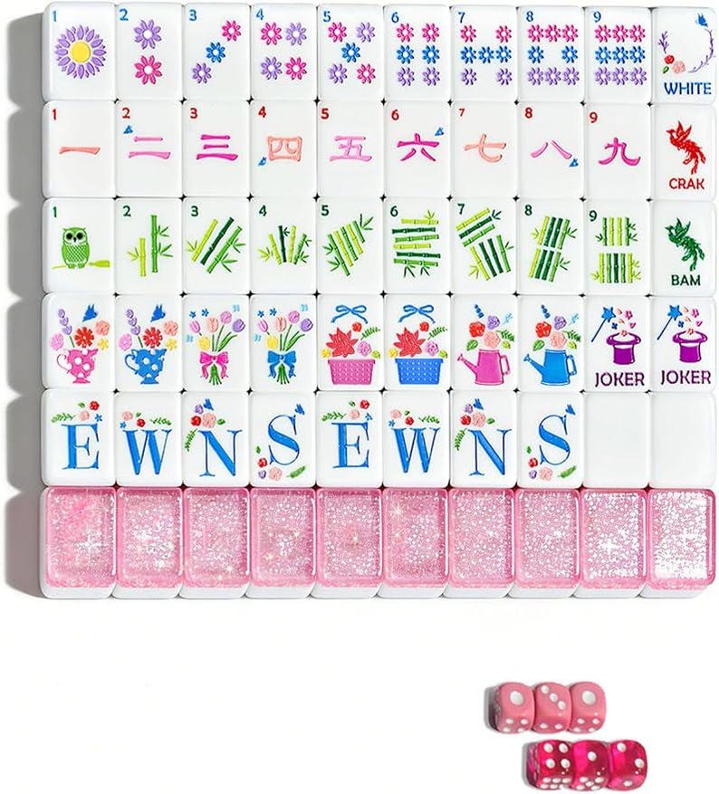 Pink Acrylic Mahjong Set: Engraved Tiles, PU Bag, Dice Accessories pink