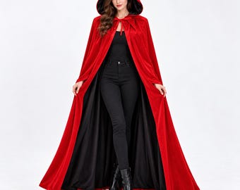 Reversible Vampire Hooded Cloak 59", Black Red Witch Cape, Dracula Costume Robe, Halloween Cosplay Cape, Gothic Medieval Costume