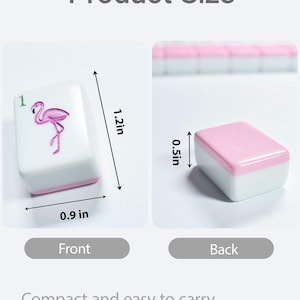 May include: A white and pink Mahjong tile featuring a pink flamingo graphic and the number 1. The front measures 1.2 inches by 0.9 inches, and the tile has a thickness of 0.5 inches. The text Product Size, Front, Back, Compact and easy to carry, Enjoy Mahjong game anytime, anywhere is visible.