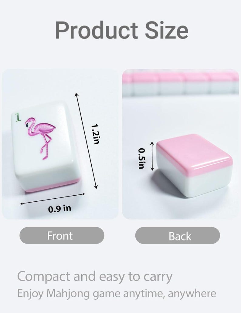 May include: A white and pink Mahjong tile featuring a pink flamingo graphic and the number 1. The front measures 1.2 inches by 0.9 inches, and the tile has a thickness of 0.5 inches. The text Product Size, Front, Back, Compact and easy to carry, Enjoy Mahjong game anytime, anywhere is visible.