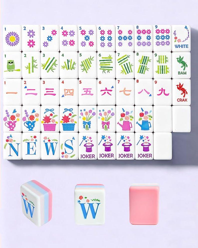 May include: A set of white Mahjong tiles featuring colorful illustrations of flowers, bamboo, owls, and magic hats. The tiles display numbers one through nine in various styles, the word WHITE, the word BAM, the word CRAK, and the word NEWS.