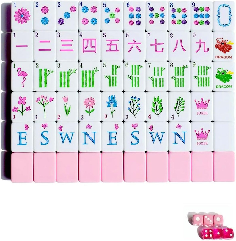May include: A set of white mahjong tiles with pink backs, featuring colorful illustrations of flowers, bamboo, flamingos, dragons, and the letters E, S, W, N. The tiles display numbers 1 through 9 in Chinese characters and numerals, plus pink joker tiles and translucent pink dice.