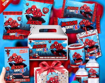 Spider Hero Birthday Party Bundle, Editable Canva Party Favor Kit, 10 Digital Templates