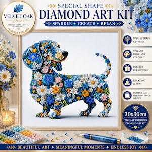 May include: A diamond art kit featuring a dachshund dog design composed of blue, yellow, and white crystal shapes. The kit includes a 30x30cm canvas, a blue applicator tool, and a multi-compartment tray filled with assorted colorful crystals.