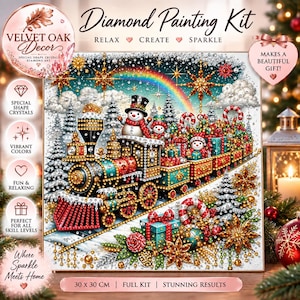 May include: A diamond painting kit featuring a festive holiday train scene with snowmen, candy canes, and wrapped gifts under a rainbow. The kit includes special shape crystals, vibrant colors, and measures 30 x 30 cm, complete with instructions.