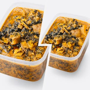 May include: Two clear plastic containers filled with a stew-like dish. The stew has a thick, orange-brown sauce with chunks of food and dark green leafy vegetables. The containers are side-by-side, with a white background.