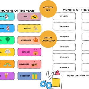 May include: A colorful educational activity set with the months of the year, including illustrations for each month. The image also includes a digital download label, scissors, glue, and the text "Yay! You Did A Great Job."