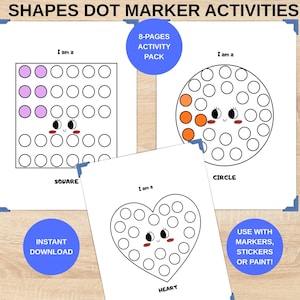 Könnte beinhalten: Ein 8-seitiges Aktivitätspaket mit dem Titel SHAPES DOT MARKER ACTIVITIES mit druckbaren Blättern, die ein Quadrat, einen Kreis und ein Herz zeigen. Jede Form enthält leere Kreise für Punktmarker, Aufkleber oder Farbe.