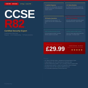 May include: A digital study guide for the Check Point CCSE R82 156-315.82 certification, featuring 53 pages in PDF format. The document includes 7 labeled diagrams, 13 study modules, 78 practice questions, and a VPN troubleshooting guide.