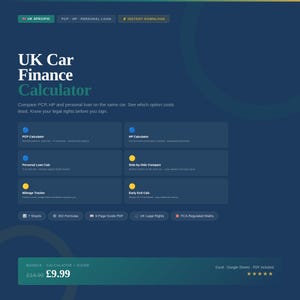 Può includere: Un'interfaccia digitale per il calcolo del finanziamento auto nel Regno Unito con sezioni per confrontare PCP, HP e prestiti personali. Il layout blu scuro include pulsanti per calcolatrici, un tracker di chilometraggio e un prezzo di 9,99 £.