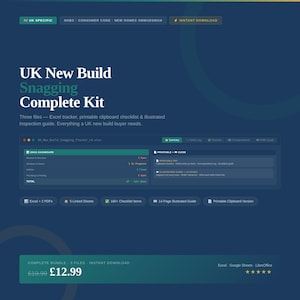 May include: A digital UK New Build Snagging Complete Kit featuring an Excel tracker, a printable clipboard checklist, and a 14-page illustrated inspection guide. The dark blue interface displays a snag dashboard, summary, and project progress metrics.