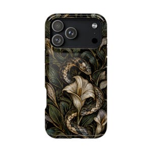 Telefoonhoesje met glas-in-loodmotief van slang en lelie, gotische botanische kunst, geschikt voor iPhone 18 17 16 15 14 13, Samsung S26, Magsafe Qi2, Dark Academia, cadeau.
