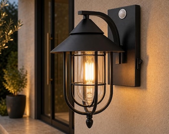 Farol de pared exterior artesanal con sensor de movimiento PIR / Hierro y cristal bronce negro / IP65 E27 / Luz para porche, jardín o patio / 33 cm