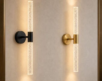 Handfinished Crystal Bubble Rod LED Indoor Wall Light Black Gold Aluminium Sconce Bedroom Living Room Corridor | Warm White | 51cm