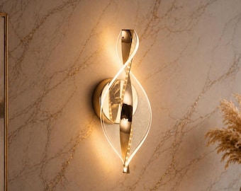 Handfinished Twisted Flame LED Wall Light | Acrylic Spiral Sconce | Bedroom Living Room Hallway | Tricolour | Gold/Brass  Silver | 30cm
