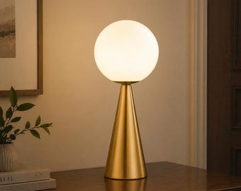 Handfinished Opal Globe Table Lamp | Gold Brass Cone Base | Bedside Living Room Office Lamp | Warm White | E27 | 43cm