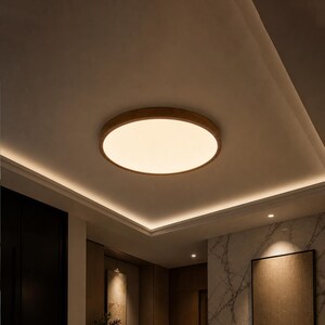 Handfinished Wooden Flush Ceiling Light | Oak Round Ceiling Lamp | Bedroom Living Room Kitchen Study | Dimmable RC | 30 40 50 60cm