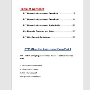 Könnte beinhalten: Ein weißes Dokument mit roter Überschrift "Table of Contents" und einer Themenliste, darunter "D775 Objective Assessment Exam Part 1" und "Key Financial Concepts and Ratios". Eine Multiple-Choice-Frage ist ebenfalls enthalten.