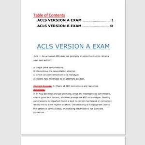 Könnte beinhalten: Ein weißes Dokument mit dem Titel "ACLS VERSION A EXAM" in blauer Schrift. Es enthält ein Inhaltsverzeichnis, Fragen und Antworten zu einer ACLS-Prüfung. Der Text ist in Schwarz und Rot.