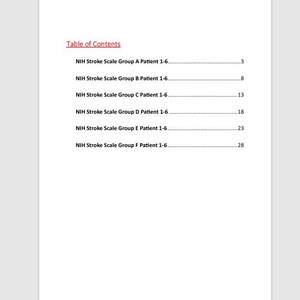 Op de afbeelding: Een witte documentpagina met de titel Table of Contents in rode tekst. Het bevat een lijst met NIH Stroke Scale Group A Patient 1-6 op pagina 3, Group B op pagina 8, Group C op pagina 13, Group D op pagina 18, Group E op pagina 23 en Group F op pagina 28.