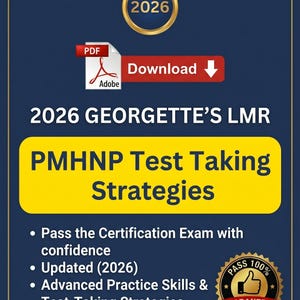 Op de afbeelding: Een marineblauwe afbeelding met gouden rand en de tekst "2026" in een gouden cirkel. De afbeelding bevat een PDF-pictogram met een downloadknop en de tekst "2026 GEORGETTE'S LMR PMHNP Test Taking Strategies". Extra tekst is "Slaag voor het certificeringsexamen met vertrouwen".