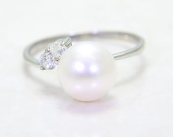 Anello in argento sterling con perla e zirconi cubici, taglia US 6 3/4 UK N