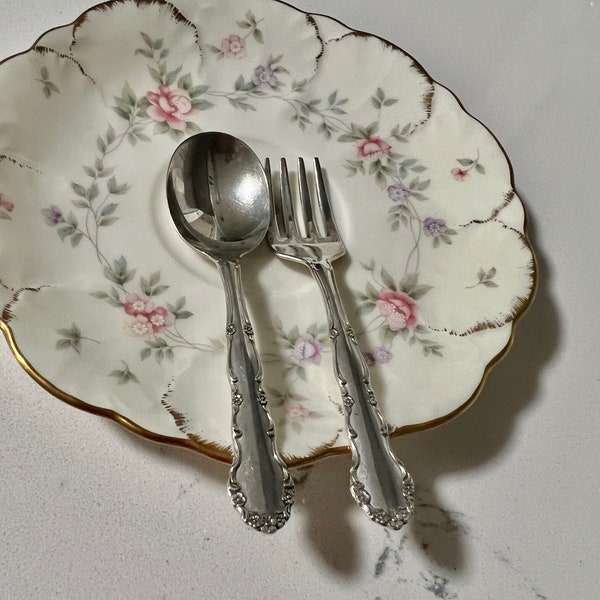 Vintage Silverplate Toddler Spoon & Fork Set, 1887 Rogers Silverplate, Baby Shower Gift