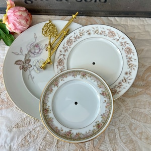 Vintage Floral 3-Tier Cake Stand: Gold Hardware, Tea Party Decor