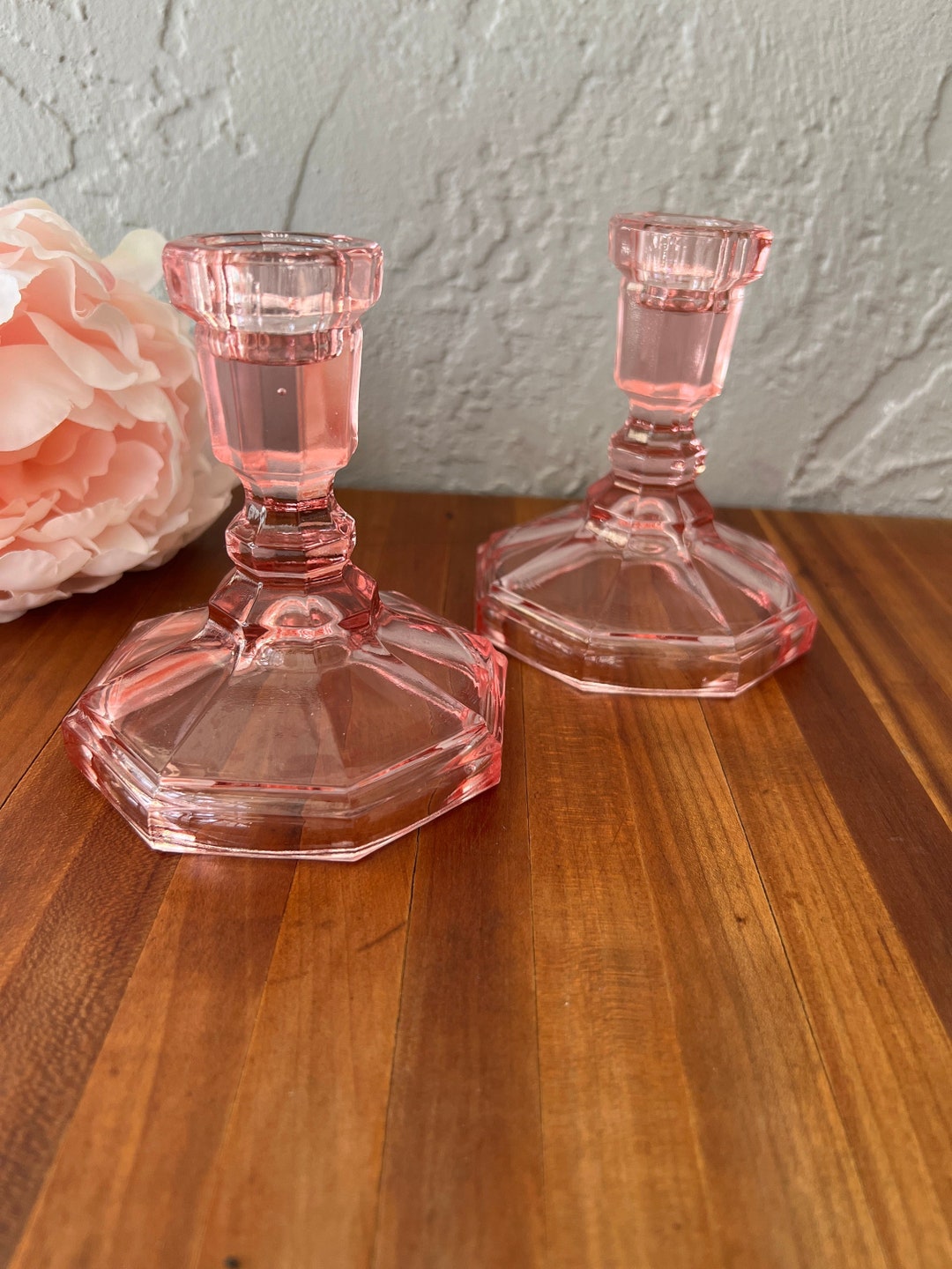 Pink Candlestick Holders Vintage Pink Depression Glass Set Etsy